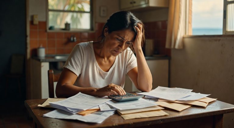 Mulher com expressão preocupada segurando a cabeça enquanto usa calculadora sobre documentos espalhados inadimplência