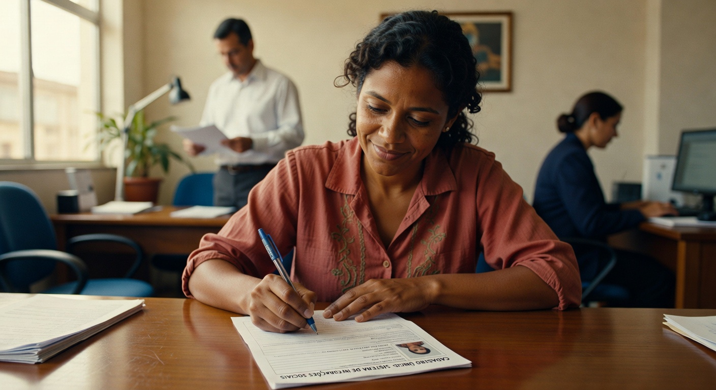 Mulher de camisa rosa preenchendo documento em mesa de escritório com colegas ao fundo, emprego formal, cadastro