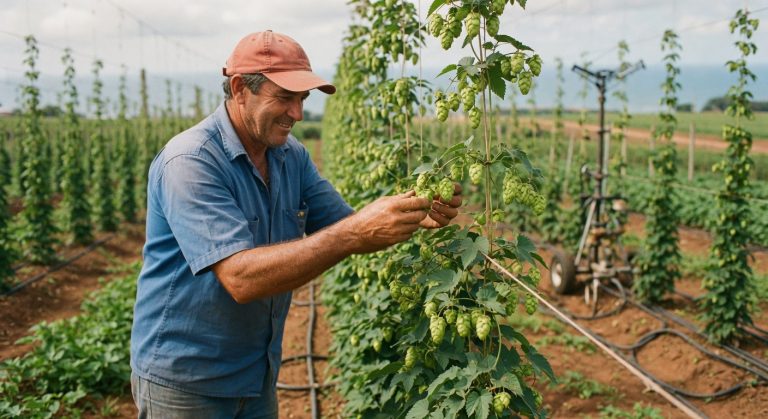 Homem de boné examinando flores de lúpulo em plantação comercial organizada, agronegócio agricultura