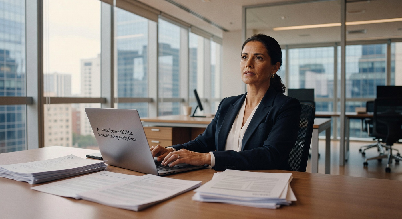 Executiva trabalhando em laptop em escritório corporativo moderno com vista urbana, mercado financeiro
