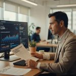 Homem de terno analisando gráficos financeiros em monitor de computador em escritório moderno com documentos sobre mesa