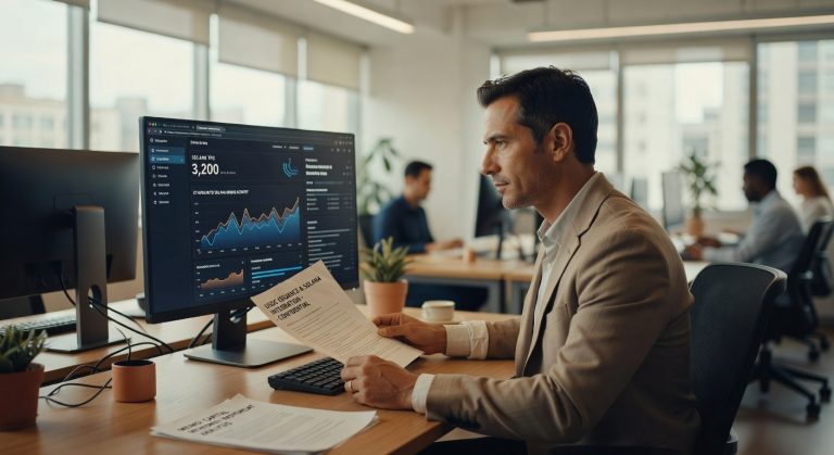 Homem de terno analisando gráficos financeiros em monitor de computador em escritório moderno com documentos sobre mesa