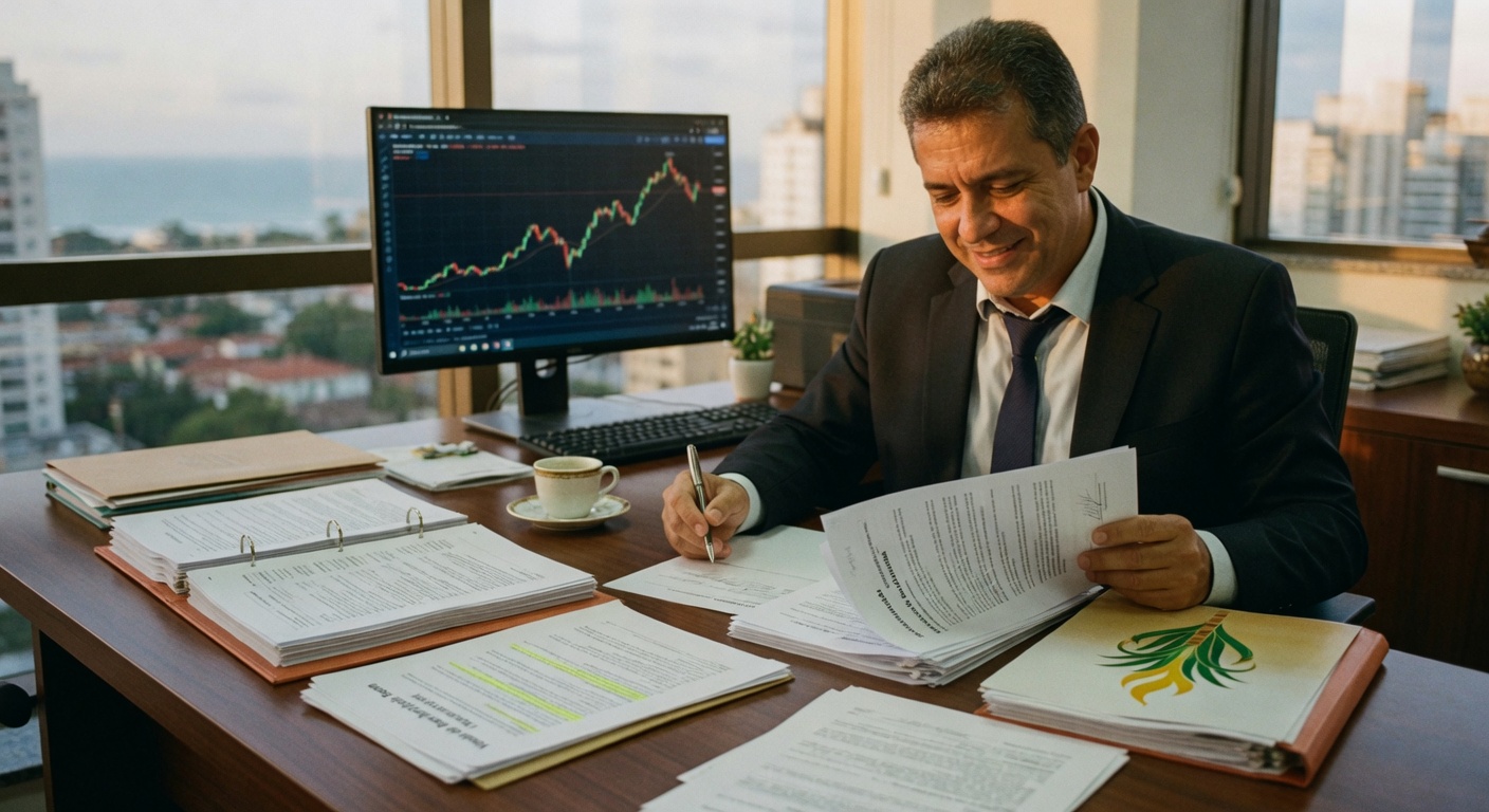 Executivo de terno em escritório analisando documentos com gráficos financeiros no monitor, representando decisões corporativas