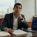 Executivo em terno cinza observa laptop com gráficos financeiros em escritório corporativo, análise de mercado