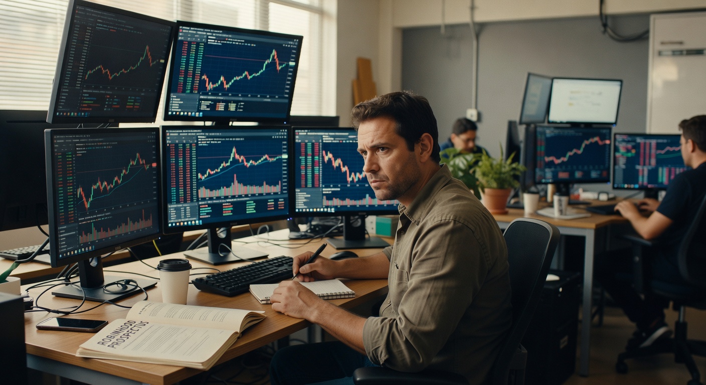 Profissional analisando múltiplos monitores com gráficos financeiros e dados de mercado em ambiente de trading