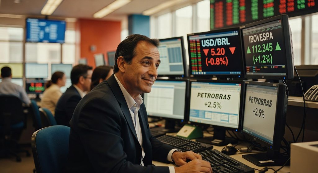 Profissional em mesa de operações monitora múltiplas telas com cotações USD/BRL, Ibovespa e ações da Petrobras câmbio mercado