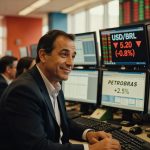 Profissional em mesa de operações monitora múltiplas telas com cotações USD/BRL, Ibovespa e ações da Petrobras câmbio mercado