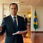 Homem de terno escuro segurando documentos em corredor de prédio governamental com bandeira do Brasil ao fundo