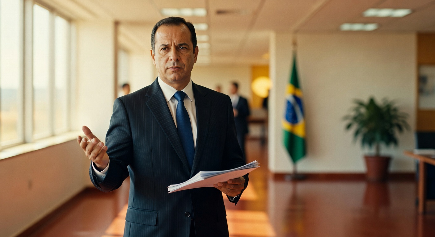 Homem de terno escuro segurando documentos em corredor de prédio governamental com bandeira do Brasil ao fundo