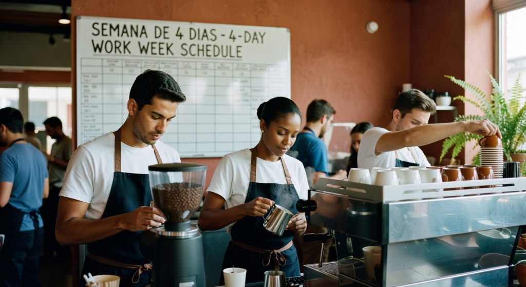 Baristas uniformizados preparam café em estabelecimento com quadro de horários de trabalho ao fundo, mostrando jornada laboral reduzida