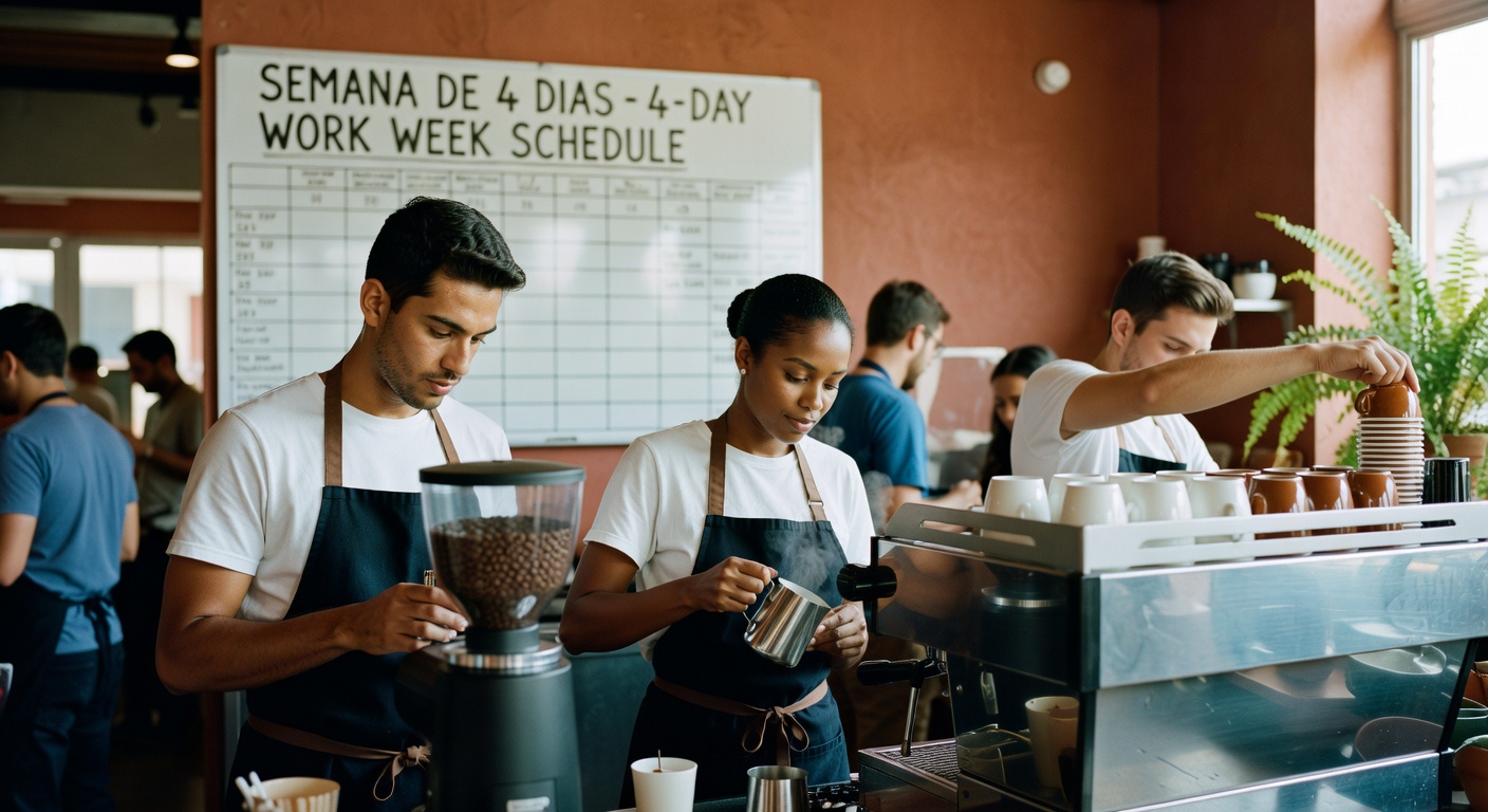 Baristas uniformizados preparam café em estabelecimento com quadro de horários de trabalho ao fundo, mostrando jornada laboral reduzida