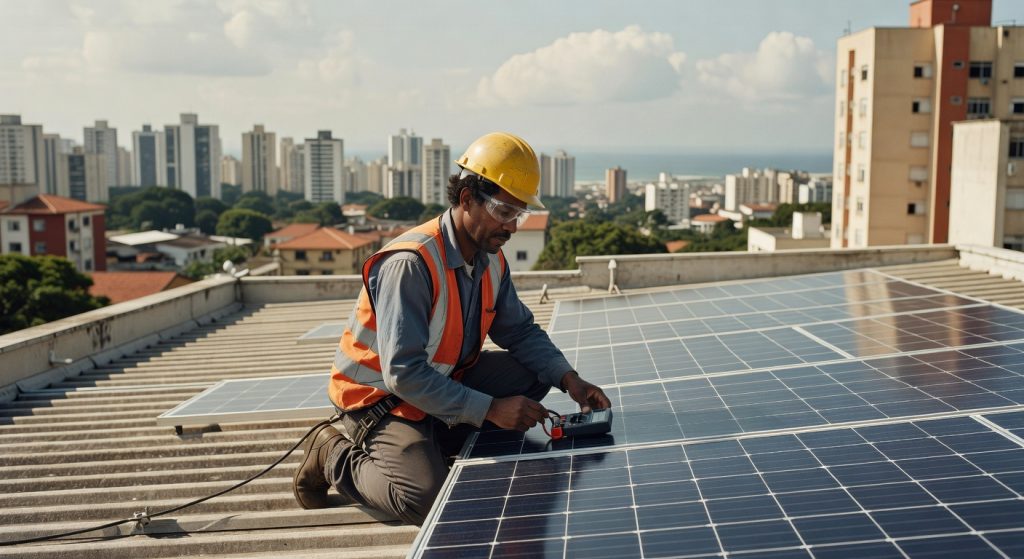 Técnico com capacete e colete instalando painéis solares em telhado urbano, investimentos energia renovável Brasil