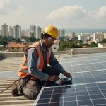 Técnico com capacete e colete instalando painéis solares em telhado urbano, investimentos energia renovável Brasil