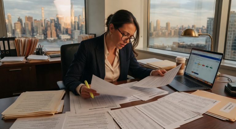 Mulher de terno analisando documentos financeiros em escritório com vista para cidade, laptop aberto e papéis espalhados