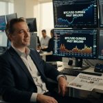 Profissional em terno observa monitores com gráficos mostrando Bitcoin acima de US$ 80.000, trading desk criptomoedas