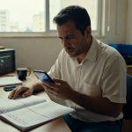 Homem de camisa branca concentrado lendo smartphone em mesa de trabalho com documentos e cofre, mercado financeiro