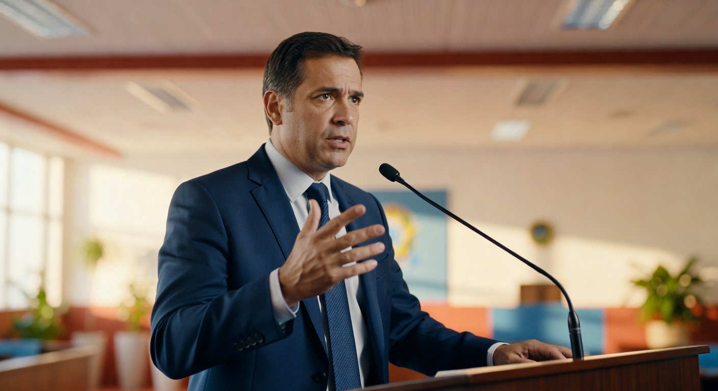 Homem de terno azul discursando no púlpito com microfone em ambiente corporativo - economia empresarial