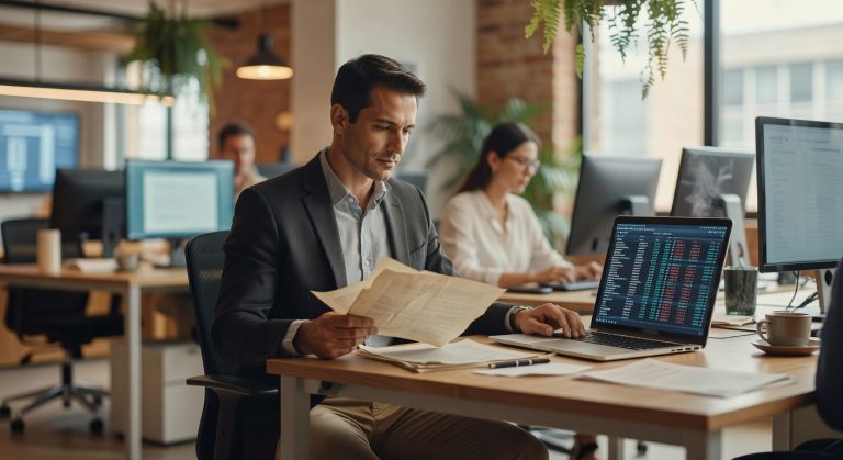 Homem de terno analisando documentos em escritório moderno com laptop exibindo dados financeiros blockchain mercado