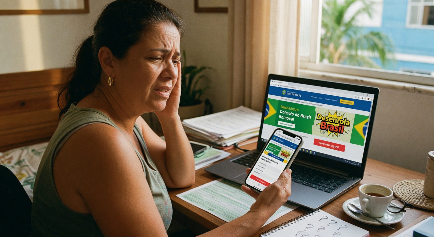 Mulher usando notebook e celular para acessar site oficial do programa Desenrola Brasil do governo federal