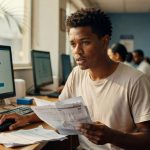 Jovem profissional em escritório analisando documentos financeiros com computador mostrando dados, renegociação dívidas