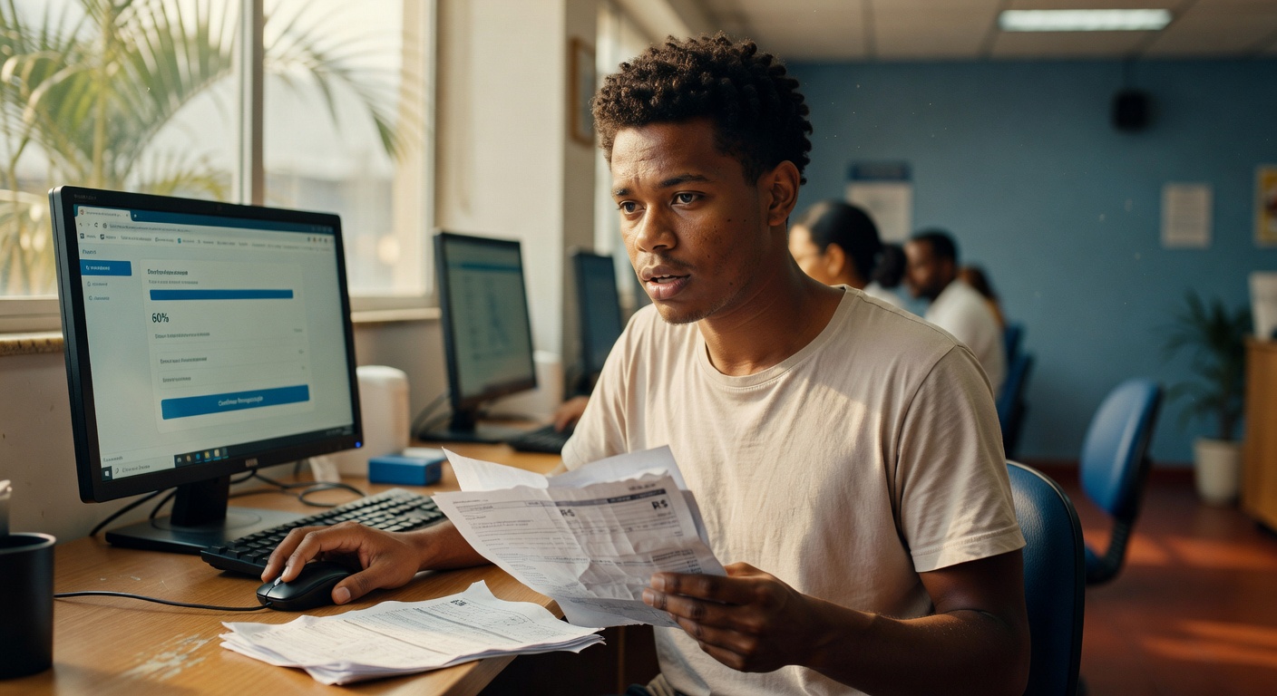 Jovem profissional em escritório analisando documentos financeiros com computador mostrando dados, renegociação dívidas