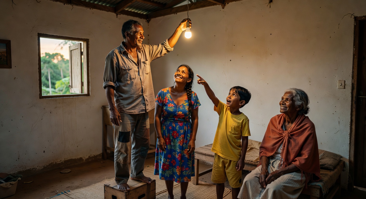 Família rural celebra instalação de lâmpada elétrica em casa simples, programa Luz para Todos eletrificação rural