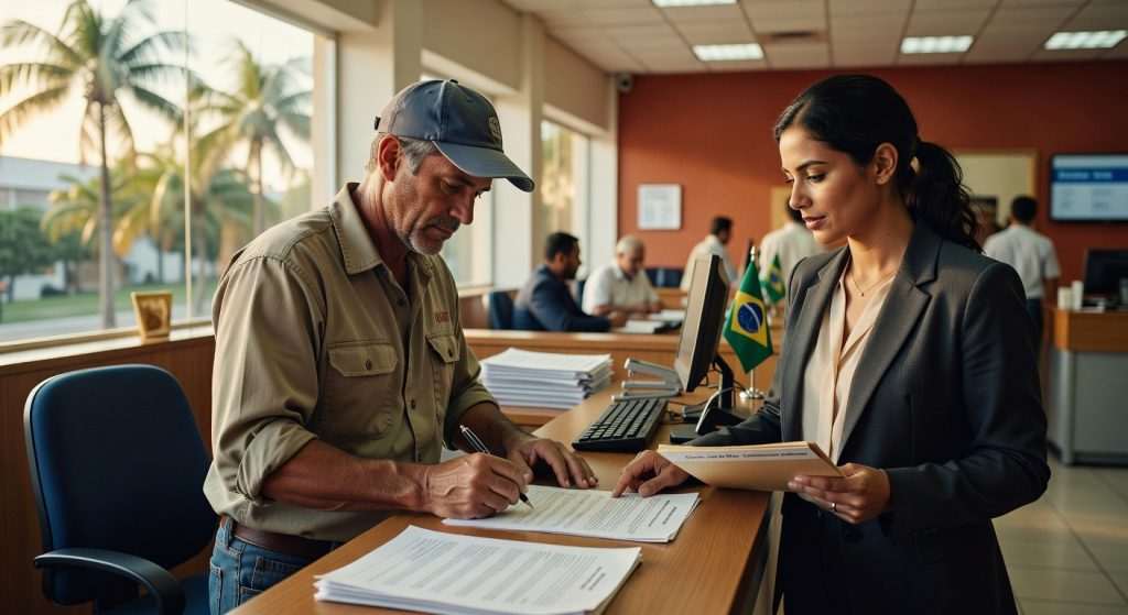 Homem de boné assinando documentos em balcão de atendimento com funcionária pública, bandeira do Brasil ao fundo, crédito governamental
