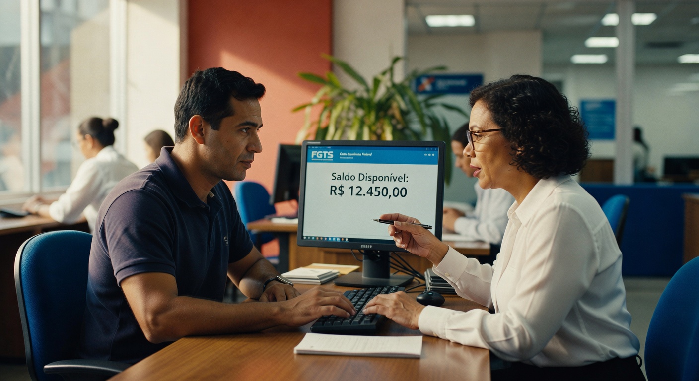 Funcionária da Caixa atende cliente mostrando saldo FGTS de R$ 12.450 no computador, liberação recursos