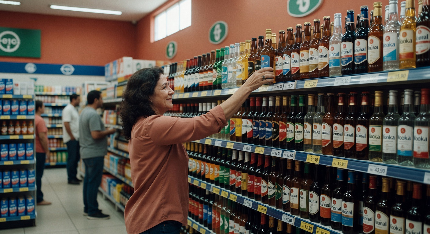 Mulher seleciona garrafas de bebida alcoólica em prateleira de supermercado com preços visíveis, mercado consumidor