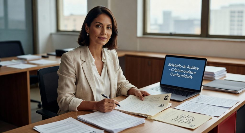 Mulher executiva em terno bege trabalhando em escritório com laptop mostrando relatório sobre criptomoedas e conformidade