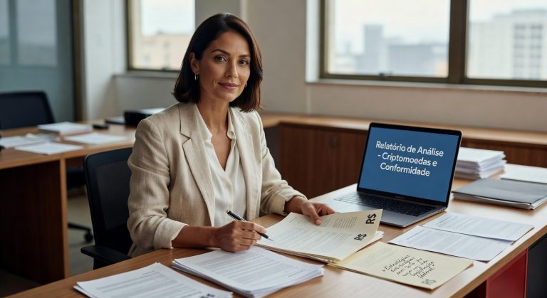 Mulher executiva em terno bege trabalhando em escritório com laptop mostrando relatório sobre criptomoedas e conformidade