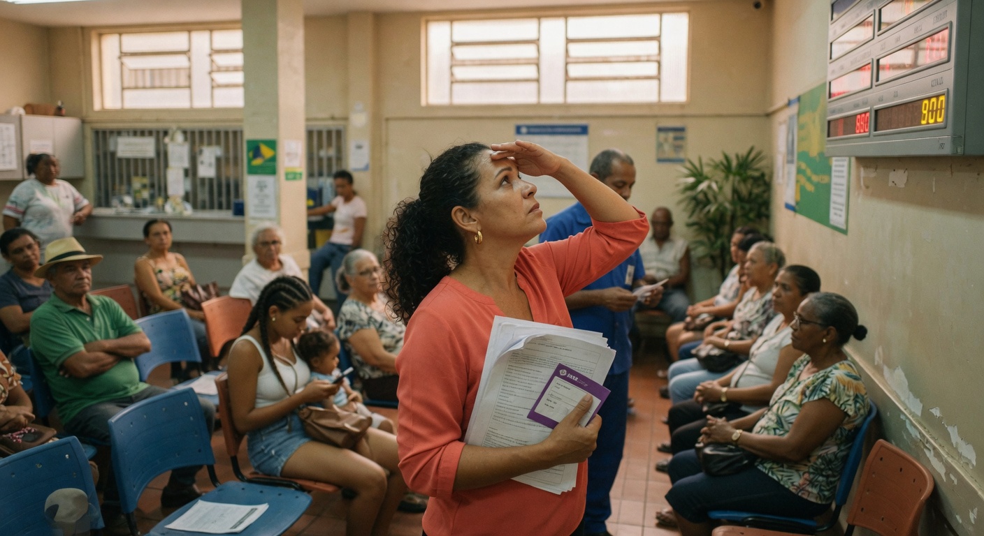 Mulher com documentos aguarda em fila de agência do INSS lotada com aposentados e beneficiários previdência social