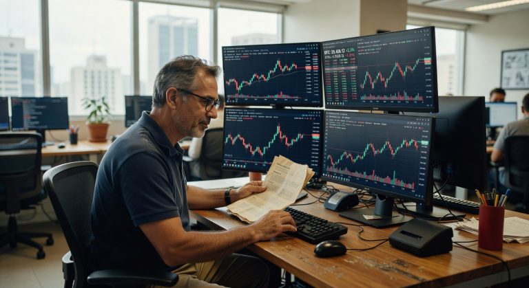 Profissional de óculos analisando gráficos de trading de Bitcoin em múltiplos monitores em escritório corporativo