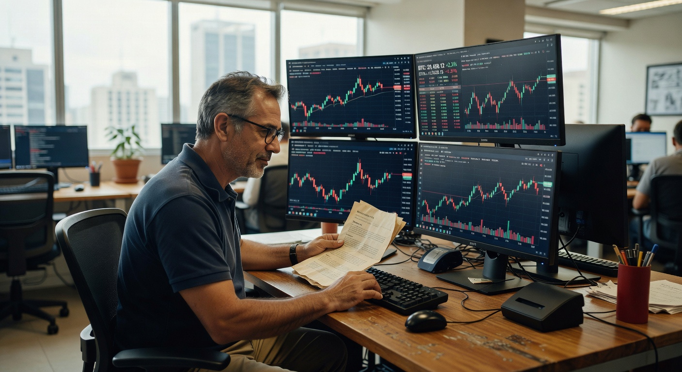 Profissional de óculos analisando gráficos de trading de Bitcoin em múltiplos monitores em escritório corporativo