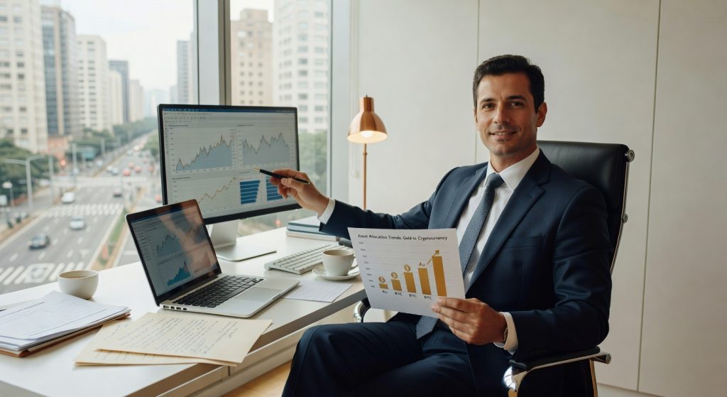 Executivo de terno em escritório analisando gráficos financeiros e dados de criptomoedas em múltiplas telas, mercado financeiro