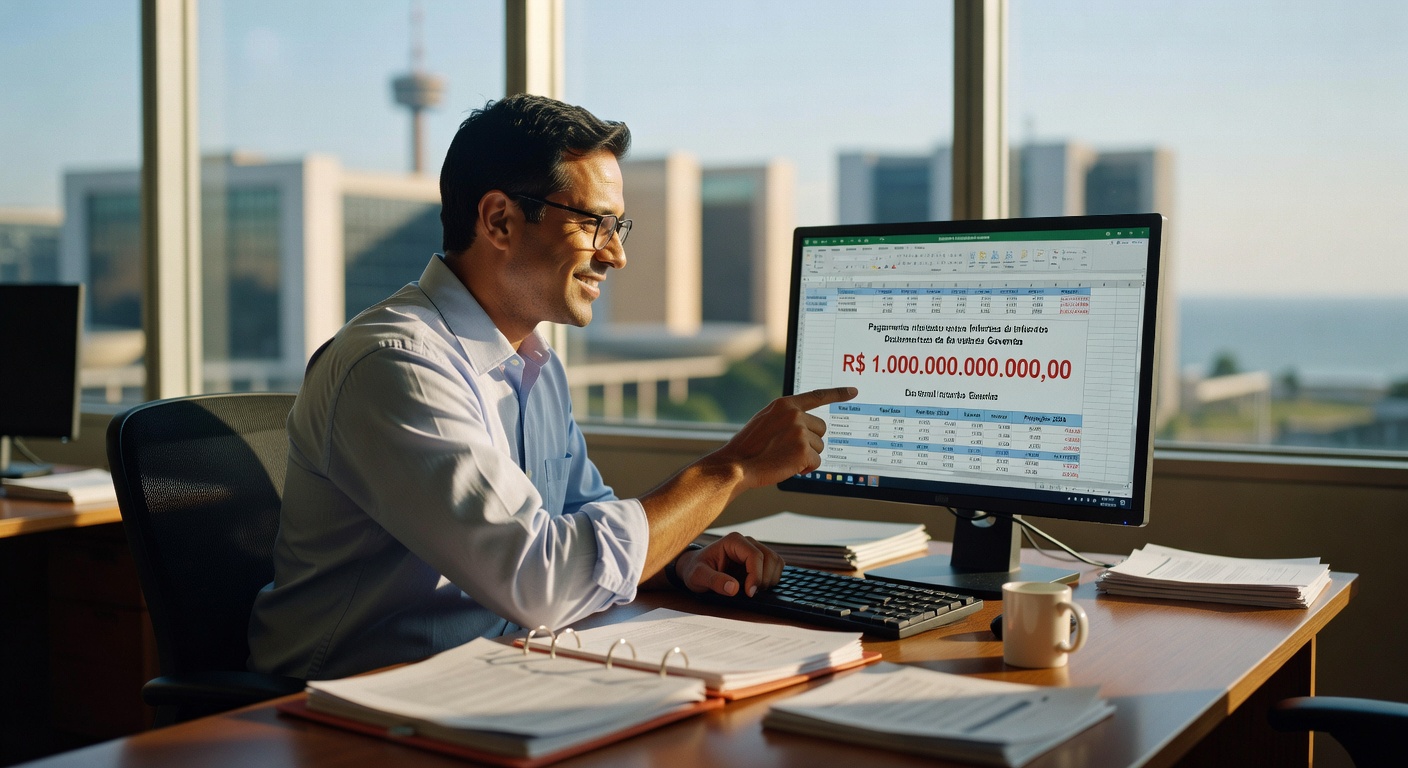 Homem de camisa branca analisando planilha no computador mostrando valor de R$ 1 trilhão em juros da dívida pública