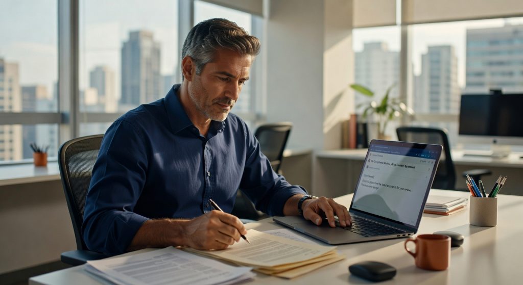 Homem de camisa azul trabalhando em laptop e documentos em escritório moderno com vista urbana, negócios corporativos