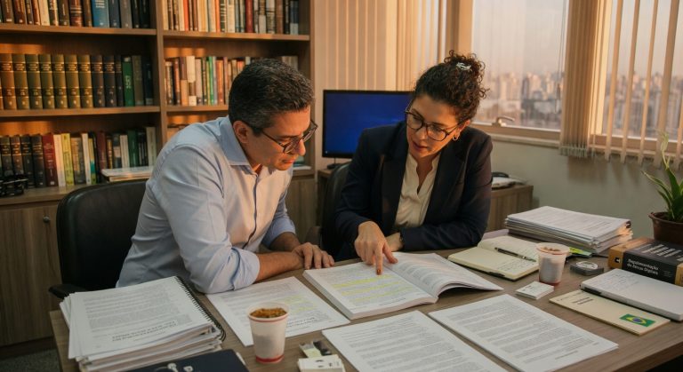 Homem e mulher de terno analisando documentos em escritório com estantes de livros, reunião corporativa, análise jurídica