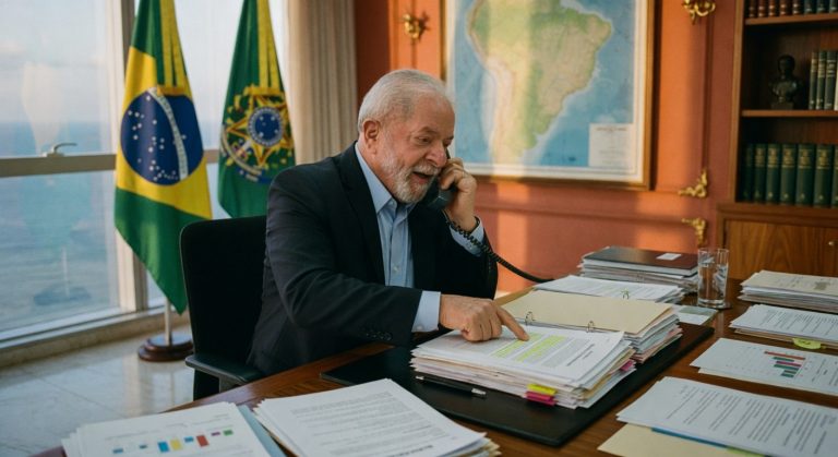 Homem de terno ao telefone em gabinete presidencial com bandeiras do Brasil e documentos sobre mesa diplomacia