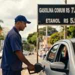 Funcionário de posto de gasolina abastecendo veículo com placa de preços mostrando gasolina a R$ 7,59 e etanol a R$ 5,99