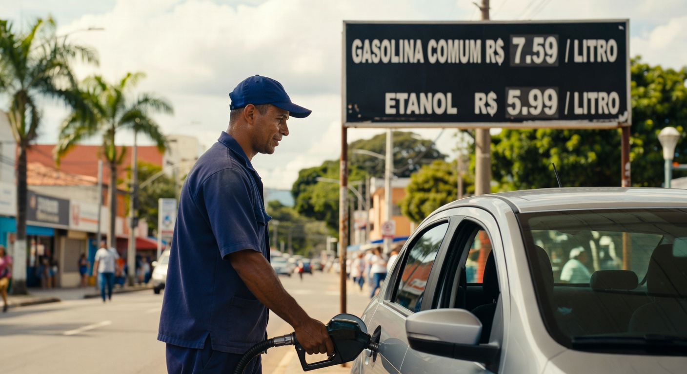 Funcionário de posto de gasolina abastecendo veículo com placa de preços mostrando gasolina a R$ 7,59 e etanol a R$ 5,99