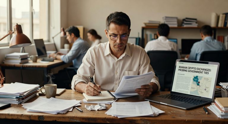 Profissional de camisa branca lendo documentos em escritório com laptop mostrando conteúdo sobre exchanges iranianas