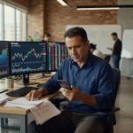 Profissional em camisa azul observa smartphone com múltiplos monitores exibindo gráficos de trading e índices financeiros