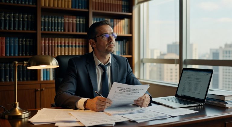 Homem de terno e óculos lê documentos oficiais em escritório com estante de livros jurídicos, laptop e vista urbana