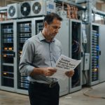 Executivo de camisa cinza lendo relatório trimestral da TeraWulf em data center com servidores de mineração Bitcoin