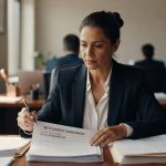 Mulher de terno assinando documento de acordo judicial em escritório corporativo, compliance financeiro