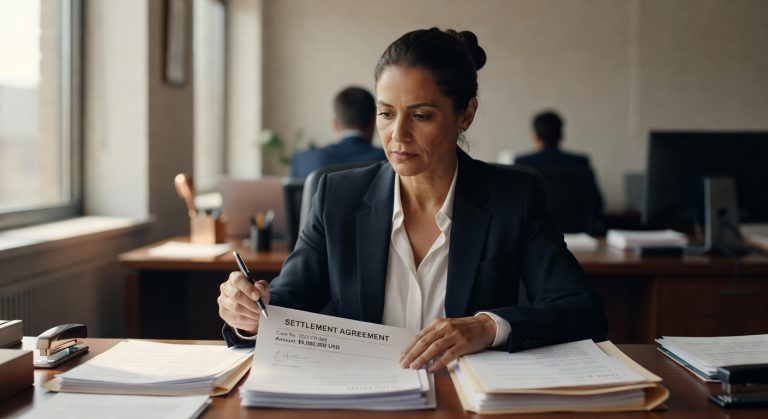 Mulher de terno assinando documento de acordo judicial em escritório corporativo, compliance financeiro