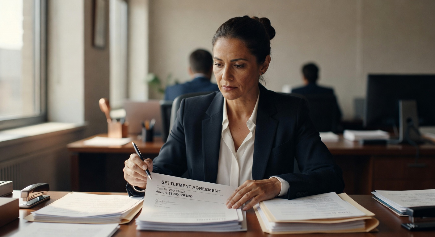 Mulher de terno assinando documento de acordo judicial em escritório corporativo, compliance financeiro