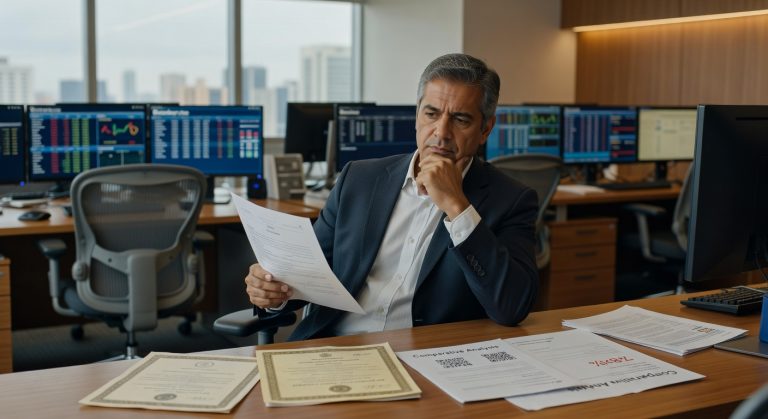 Homem de terno analisando documentos em escritório com múltiplos monitores exibindo gráficos financeiros tokenização