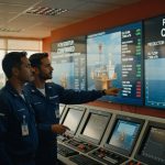 Operadores da Petrobras em centro de controle monitorando plataforma P-79 com dados de produção petróleo offshore